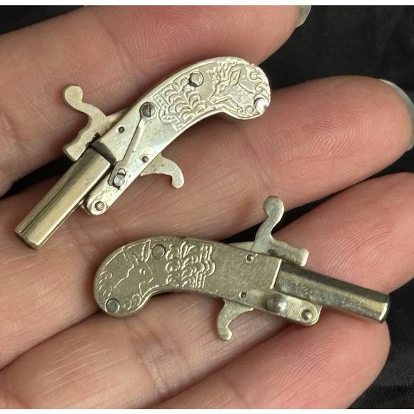 Antique Austrian Pistol Cufflinks Etched Design Deer & Rabbit - Picture 3 of 12